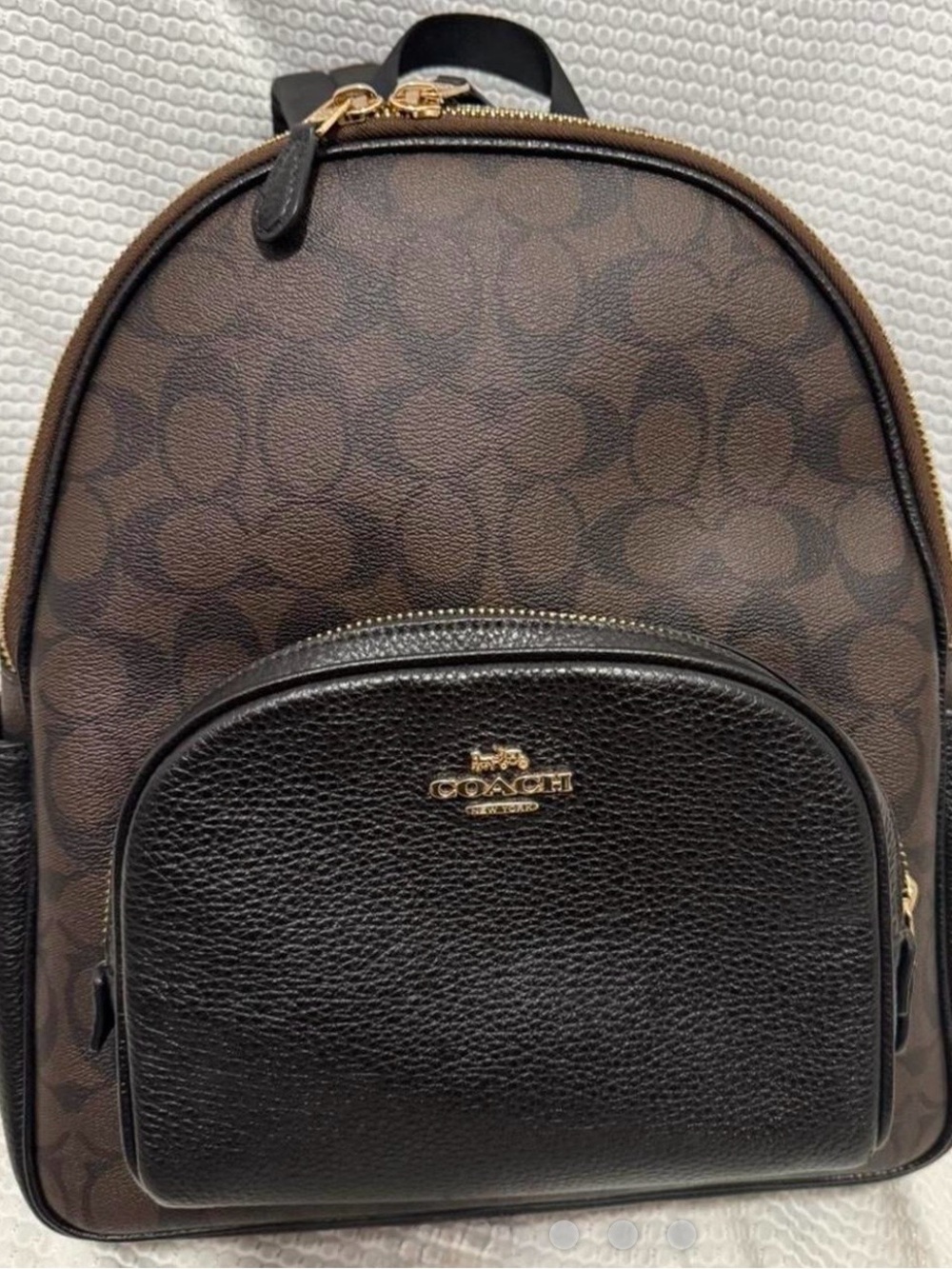 Coach Brown/Black Signature Canvas Backpack with Pebbled Leather Pocket